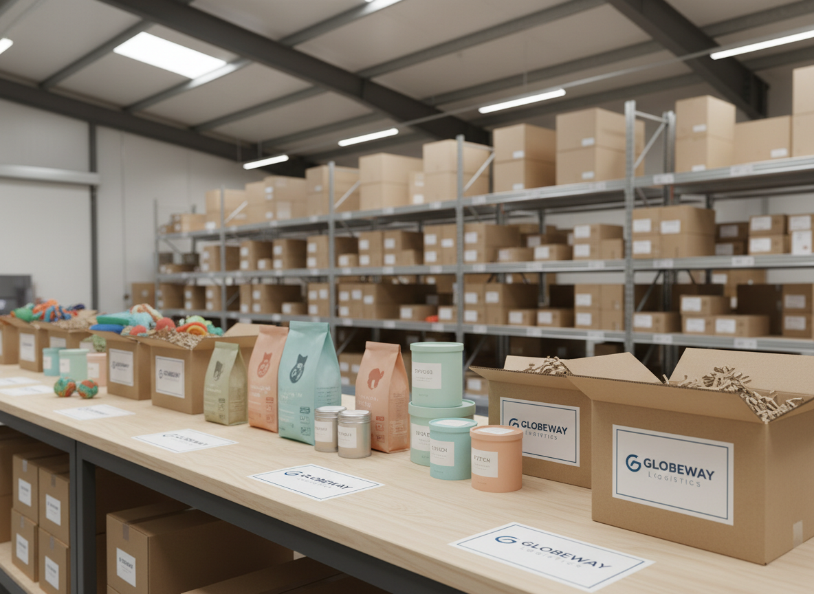 A bright, contemporary logistics workspace featuring a long, light-wood packing bench covered with neatly arranged pet products: glossy bags of kibble, pastel-colored cat litter containers, minimalist branded treat tins, and eco-friendly cardboard toy boxes. Open shipping cartons with protective paper sit ready at the edge of the table, each labeled with crisp, barcoded stickers and neutral Globeway-style branding. In the background, tall industrial shelves recede into soft focus, filled with uniformly stacked cartons of pet supplies. Diffused overhead warehouse lighting creates even, shadow-soft illumination, highlighting organization and order. Photographic realism from a slightly elevated angle, sharp focus on the tabletop, with a clean, efficient, dependable mood that emphasizes brand integrity and careful handling of partner products.