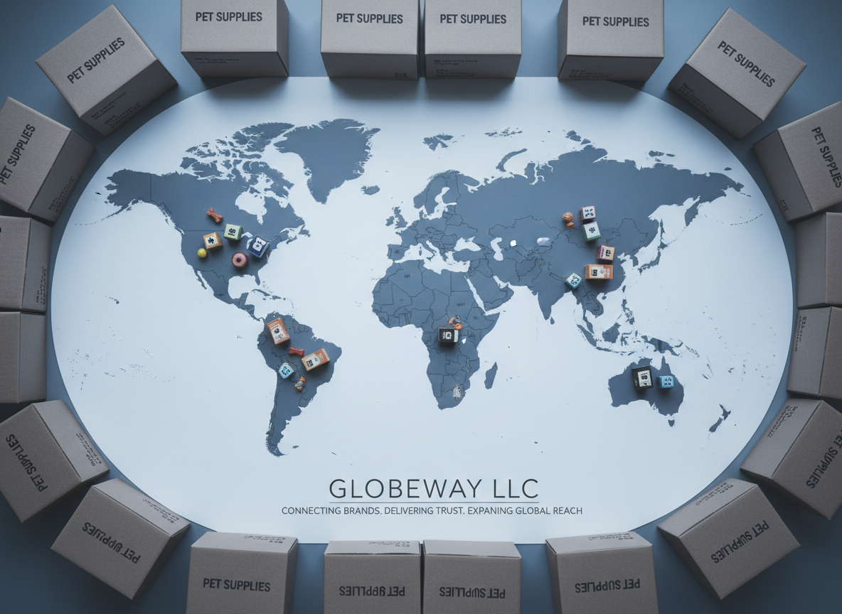 A global distribution concept for pet supplies portrayed in photographic realism: a large, flat world map printed in muted blues and grays on a smooth tabletop, covered with small clusters of miniature pet product mockups—tiny kibble bags, toy boxes, and accessory tags—strategically placed on different regions. Around the edges of the map, neatly stacked, unbranded shipping cartons with clear "Pet Supplies" markings form a tidy border. Overhead, soft, cool-toned studio lighting evenly illuminates the scene, creating minimal shadows and a sense of clarity. Shot from a directly overhead bird’s-eye view with crisp focus and balanced composition, the mood is expansive, strategic, and forward-looking, visually representing Globeway LLC’s ambition to expand its portfolio and connect with brands and distributors worldwide while maintaining integrity and consistency.
