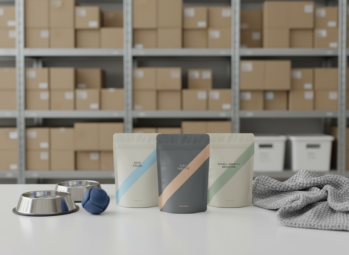 A meticulously arranged display of premium pet supplies spread across a matte white tabletop, featuring sleek, unbranded packaging for dog food, cat treats, and small-animal bedding in cohesive neutral tones with subtle color accents. A pair of modern stainless-steel pet bowls with a brushed finish sits in the foreground beside a minimalist rubber chew toy and a soft, heather-gray pet blanket with visible woven texture. The background shows softly blurred warehouse-style shelving stacked with neatly organized boxes, suggesting robust inventory. Soft studio lighting from the upper left creates gentle highlights on metallic surfaces and smooth shadows under products. Photographic realism, eye-level composition with shallow depth of field, conveying professionalism, reliability, and a clean, modern retail partner aesthetic.