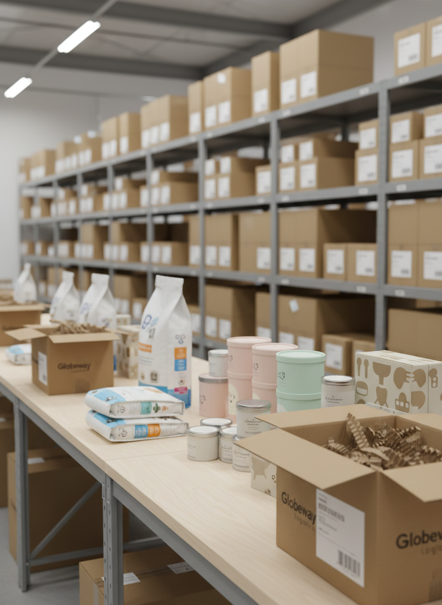 A bright, contemporary logistics workspace featuring a long, light-wood packing bench covered with neatly arranged pet products: glossy bags of kibble, pastel-colored cat litter containers, minimalist branded treat tins, and eco-friendly cardboard toy boxes. Open shipping cartons with protective paper sit ready at the edge of the table, each labeled with crisp, barcoded stickers and neutral Globeway-style branding. In the background, tall industrial shelves recede into soft focus, filled with uniformly stacked cartons of pet supplies. Diffused overhead warehouse lighting creates even, shadow-soft illumination, highlighting organization and order. Photographic realism from a slightly elevated angle, sharp focus on the tabletop, with a clean, efficient, dependable mood that emphasizes brand integrity and careful handling of partner products.