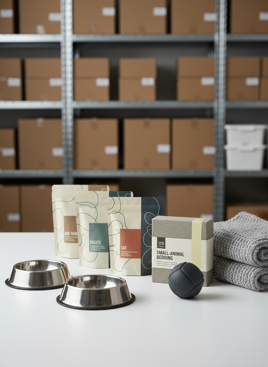 A meticulously arranged display of premium pet supplies spread across a matte white tabletop, featuring sleek, unbranded packaging for dog food, cat treats, and small-animal bedding in cohesive neutral tones with subtle color accents. A pair of modern stainless-steel pet bowls with a brushed finish sits in the foreground beside a minimalist rubber chew toy and a soft, heather-gray pet blanket with visible woven texture. The background shows softly blurred warehouse-style shelving stacked with neatly organized boxes, suggesting robust inventory. Soft studio lighting from the upper left creates gentle highlights on metallic surfaces and smooth shadows under products. Photographic realism, eye-level composition with shallow depth of field, conveying professionalism, reliability, and a clean, modern retail partner aesthetic.