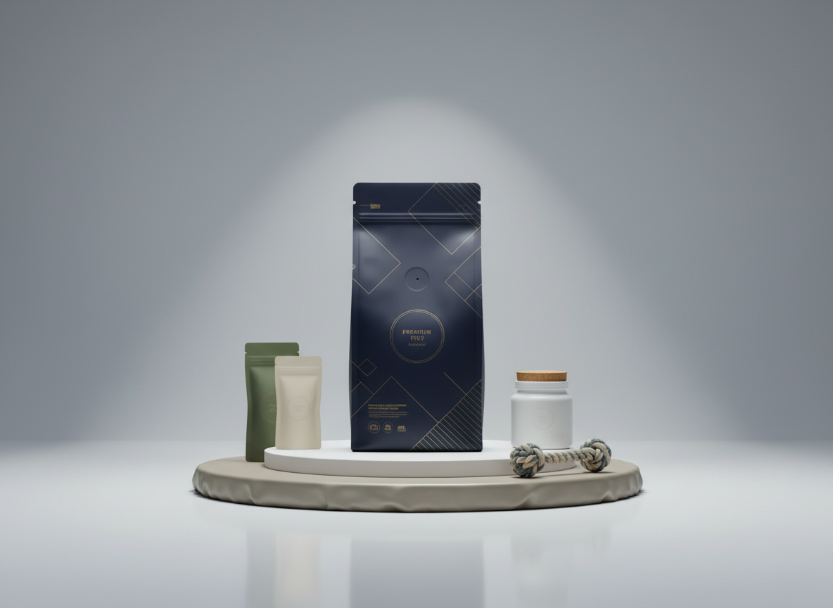 A premium pet brand partnership scene captured in photographic realism: a single, elegantly designed, unbranded pet food bag in matte dark navy with subtle gold accents standing upright on a glossy white pedestal plinth. Surrounding it in a semi-circle on a lower, satin-finished surface are complementary products—sleek treat pouches, a minimalist supplement jar, and a durable rope toy in muted tones. The background is a soft gradient of cool gray fading to white, evoking a studio showroom. A focused overhead spotlight creates a gentle halo on the main package, while fill light from the front softens shadows and brings out fine textures. Composed with the main bag centered, low-angle perspective, and shallow depth of field, the atmosphere feels aspirational, trustworthy, and suitable for brands seeking a stable, integrity-focused retail partner.