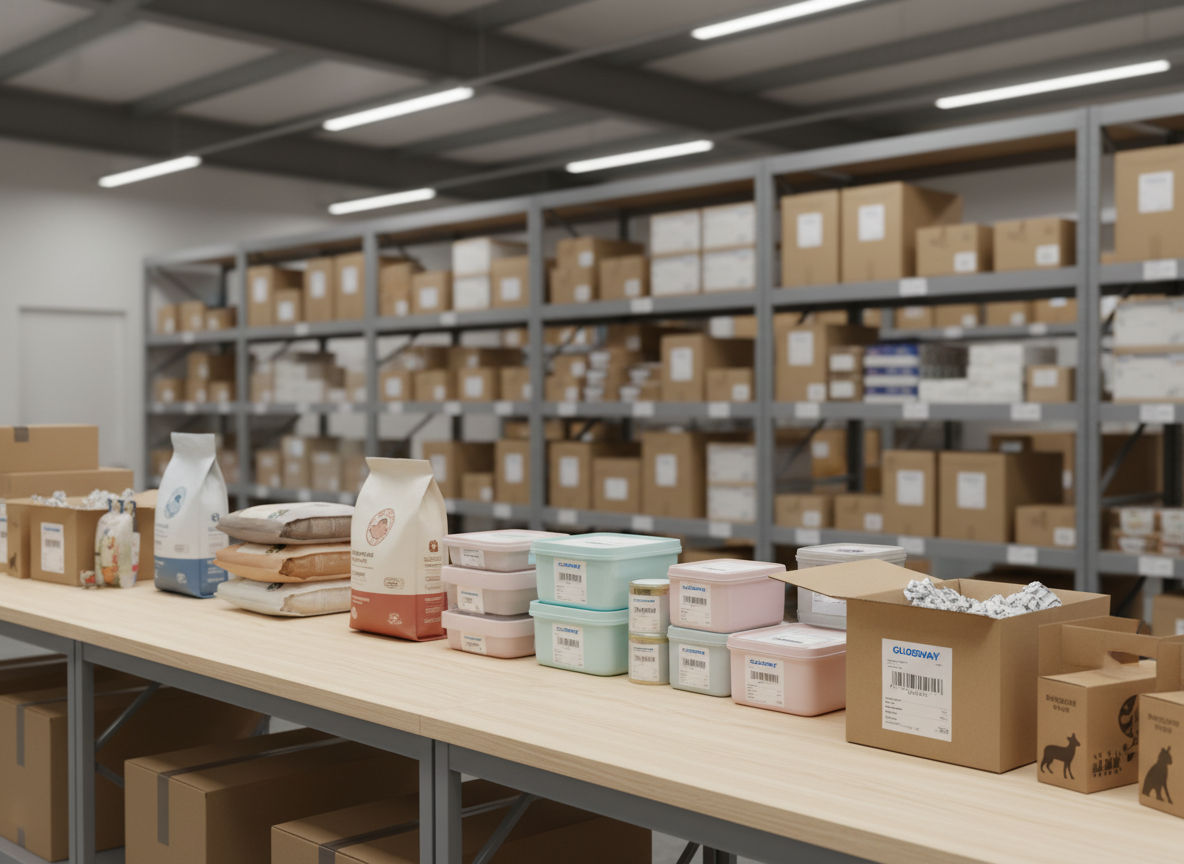 A bright, contemporary logistics workspace featuring a long, light-wood packing bench covered with neatly arranged pet products: glossy bags of kibble, pastel-colored cat litter containers, minimalist branded treat tins, and eco-friendly cardboard toy boxes. Open shipping cartons with protective paper sit ready at the edge of the table, each labeled with crisp, barcoded stickers and neutral Globeway-style branding. In the background, tall industrial shelves recede into soft focus, filled with uniformly stacked cartons of pet supplies. Diffused overhead warehouse lighting creates even, shadow-soft illumination, highlighting organization and order. Photographic realism from a slightly elevated angle, sharp focus on the tabletop, with a clean, efficient, dependable mood that emphasizes brand integrity and careful handling of partner products.